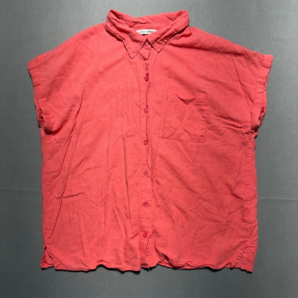 Emily Daniels Coral Pink Linen Blend Short Sleeve Button Down Shirt XL